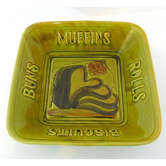 Ceramic Bread Basket Serving Bowl Rolls 9.5" Square Mid Century Vtg Olive Green - Picture 5 of 5